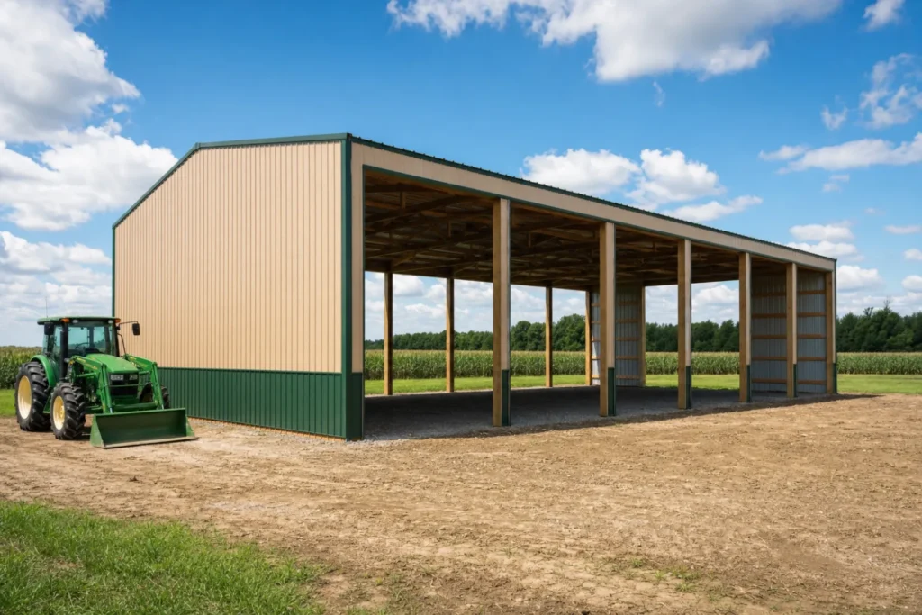 Agricultural metal pole barn in a farm field