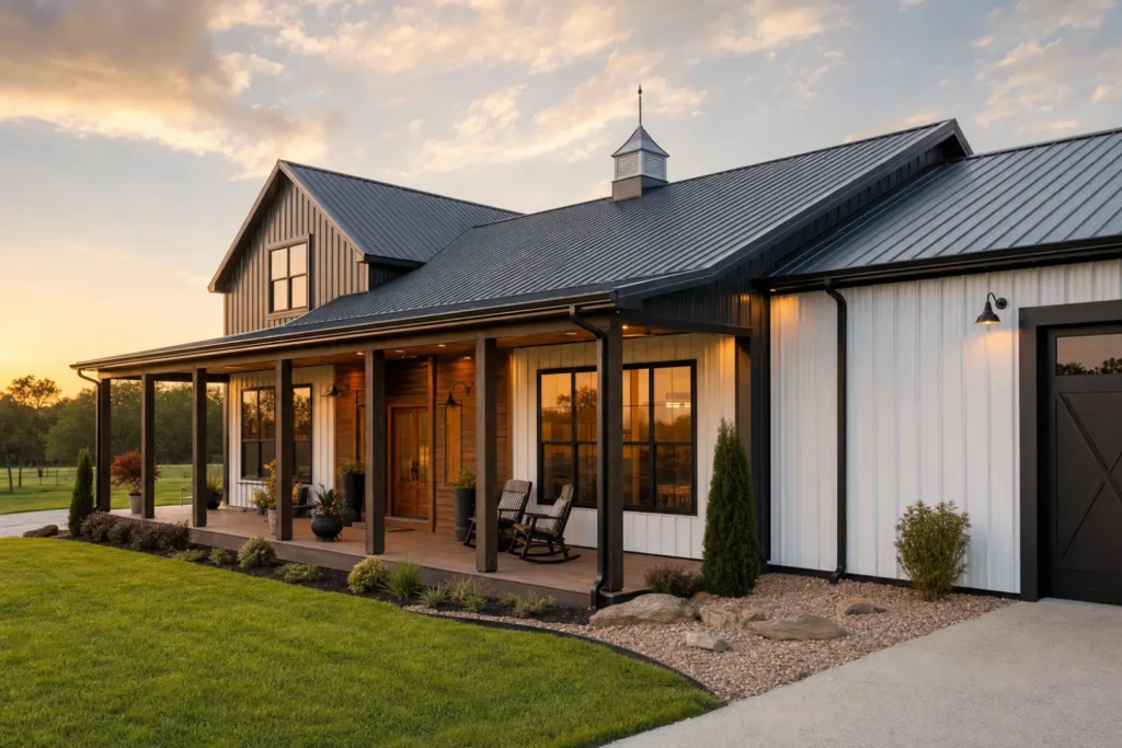 Modern barndominium metal building home with a covered porch at golden hour