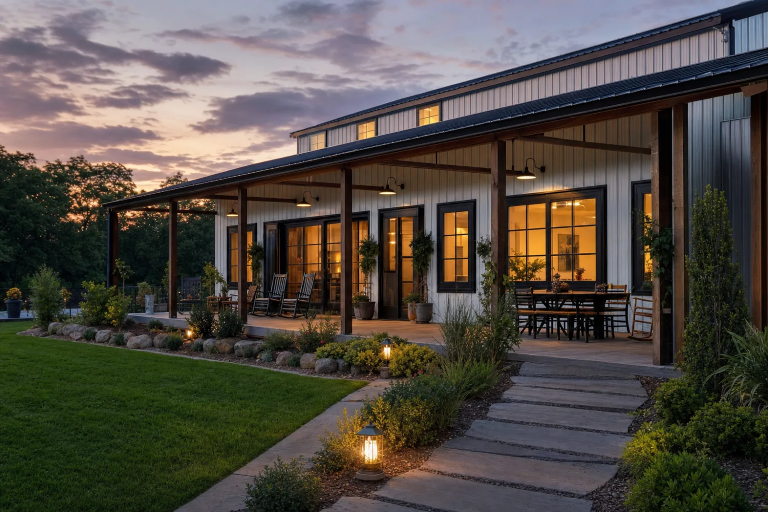 Finished barndominium metal home with a covered porch and warm interior lights at dusk