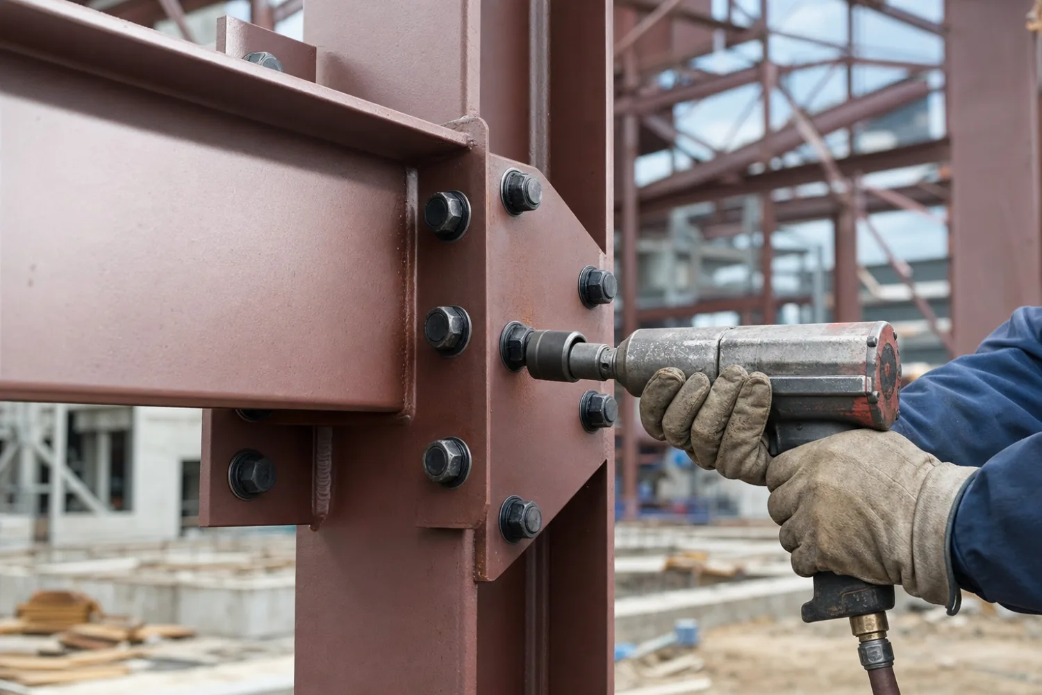 Close-up of a bolt-up steel frame connection joining a column and rafter with structural bolts at a pre-punched plate, the detail that makes a kit DIY-friendly