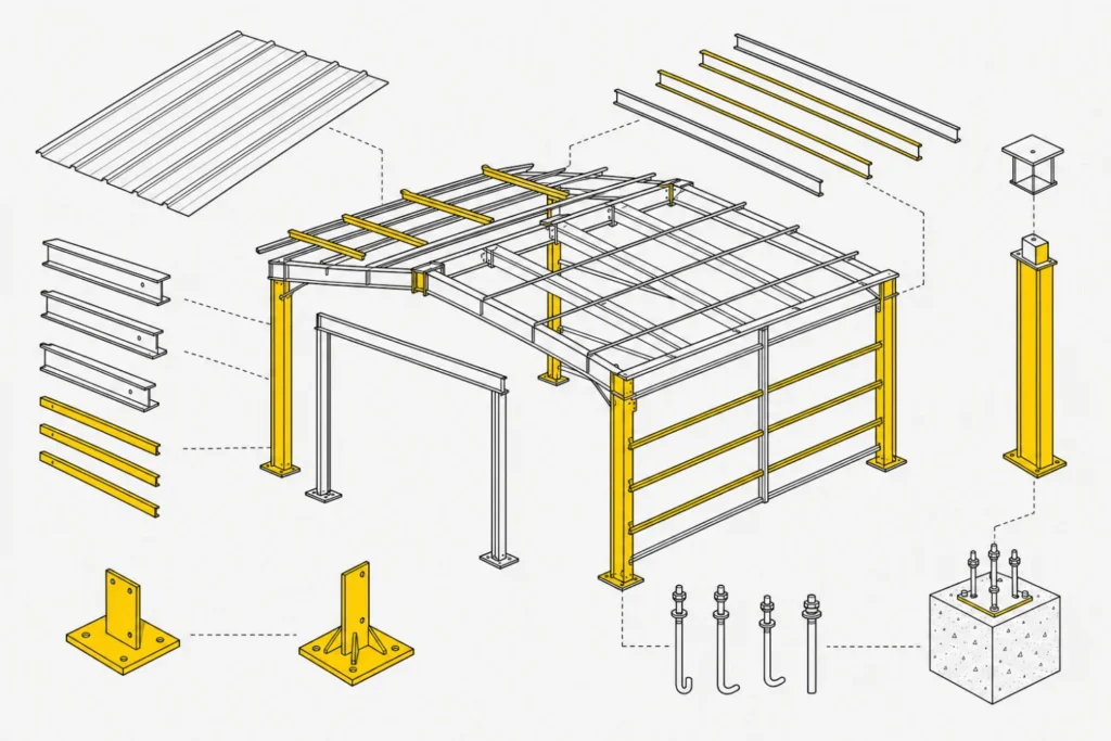 Exploded blueprint diagram of a metal building kit showing the steel frame, columns, rafters, purlins, girts, roof panels, base plates and anchor bolts