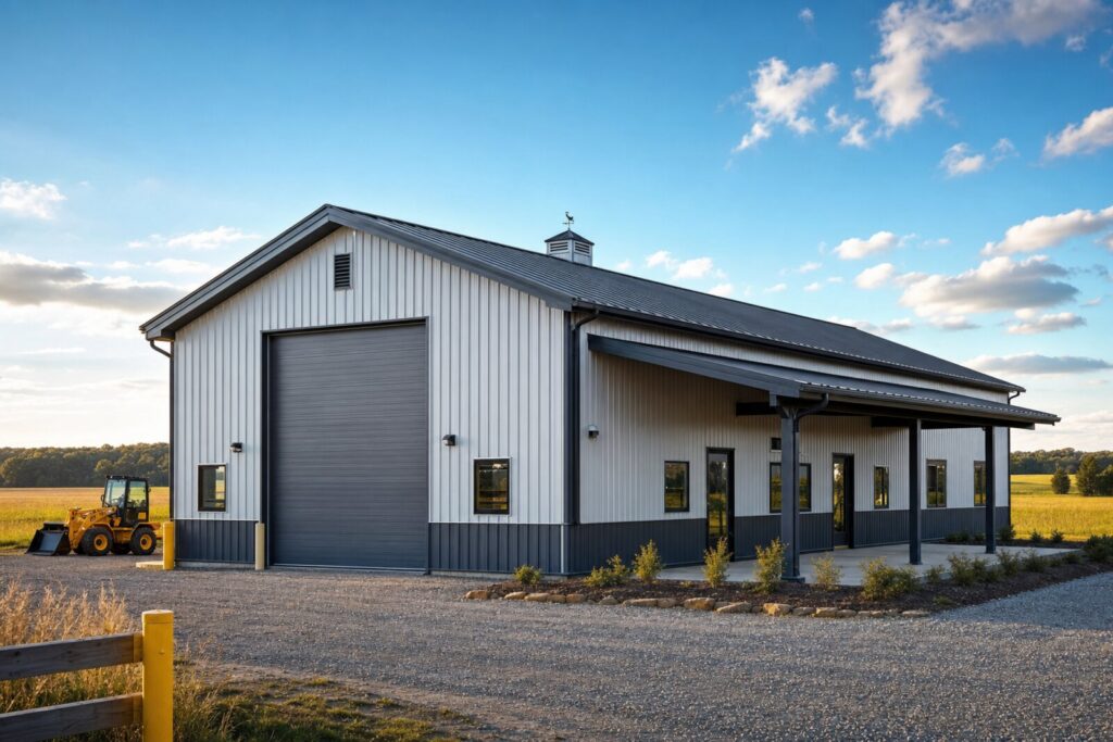 Modern metal building shop with roll-up door in a rural setting