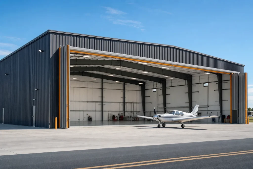 Steel airplane hangar with a wide bifold hangar door and a small plane on the apron