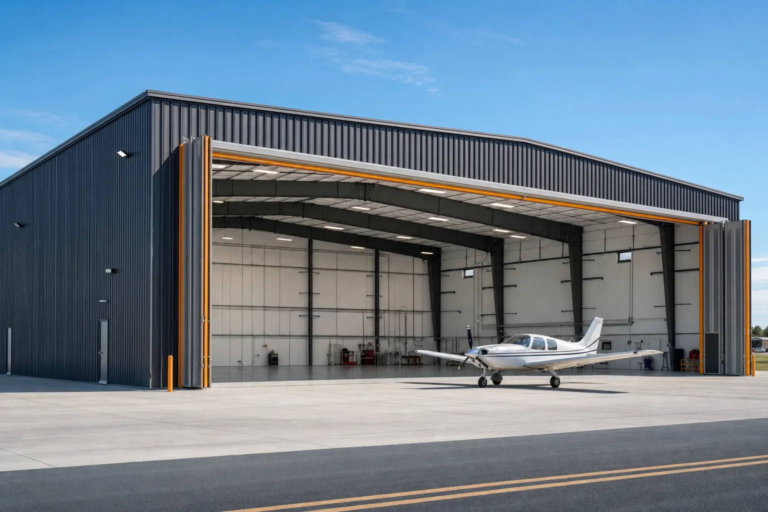 Steel airplane hangar with a wide bifold hangar door and a small plane on the apron