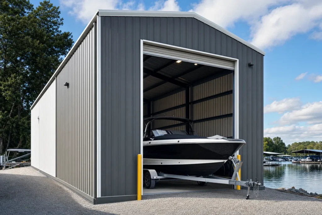 Metal boat storage building with a tall roll-up door and a boat on a trailer