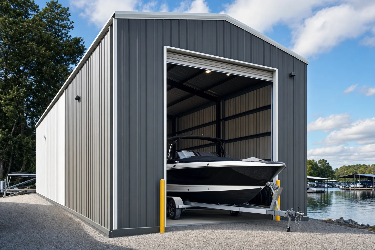 Metal boat storage building with a tall roll-up door and a boat on a trailer