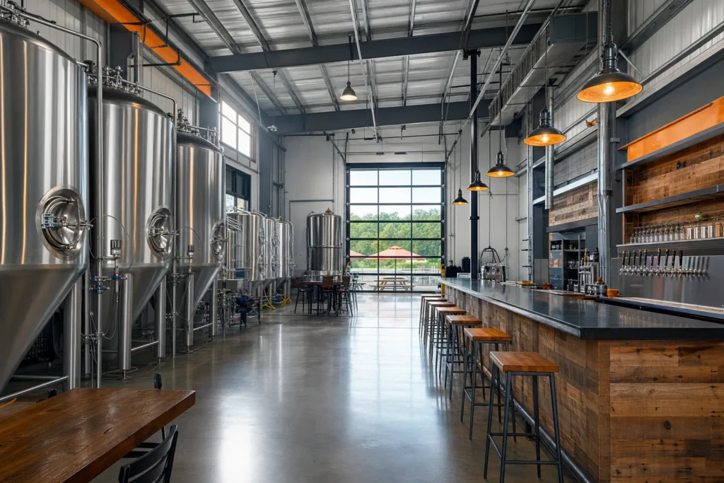 Metal building brewery taproom with stainless fermentation tanks and a bar