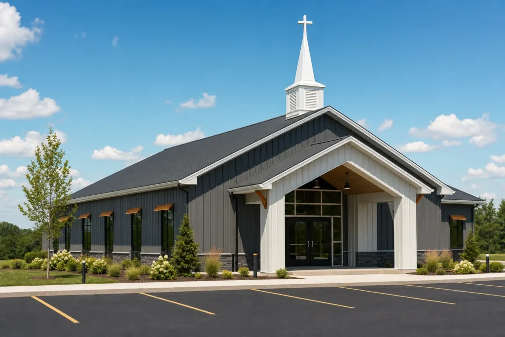 Metal building church with a peaked entry, white steeple and cross