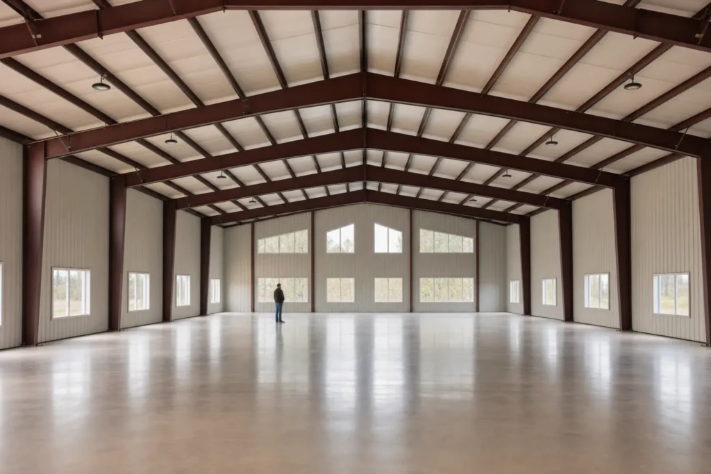 Interior of a large clear-span metal building with exposed red-iron rafters and a person for scale