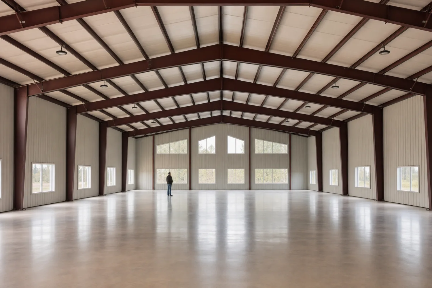 Open clear-span interior of a wide 40x60 steel building with no center posts, leaving the full width usable for fleet parking and work