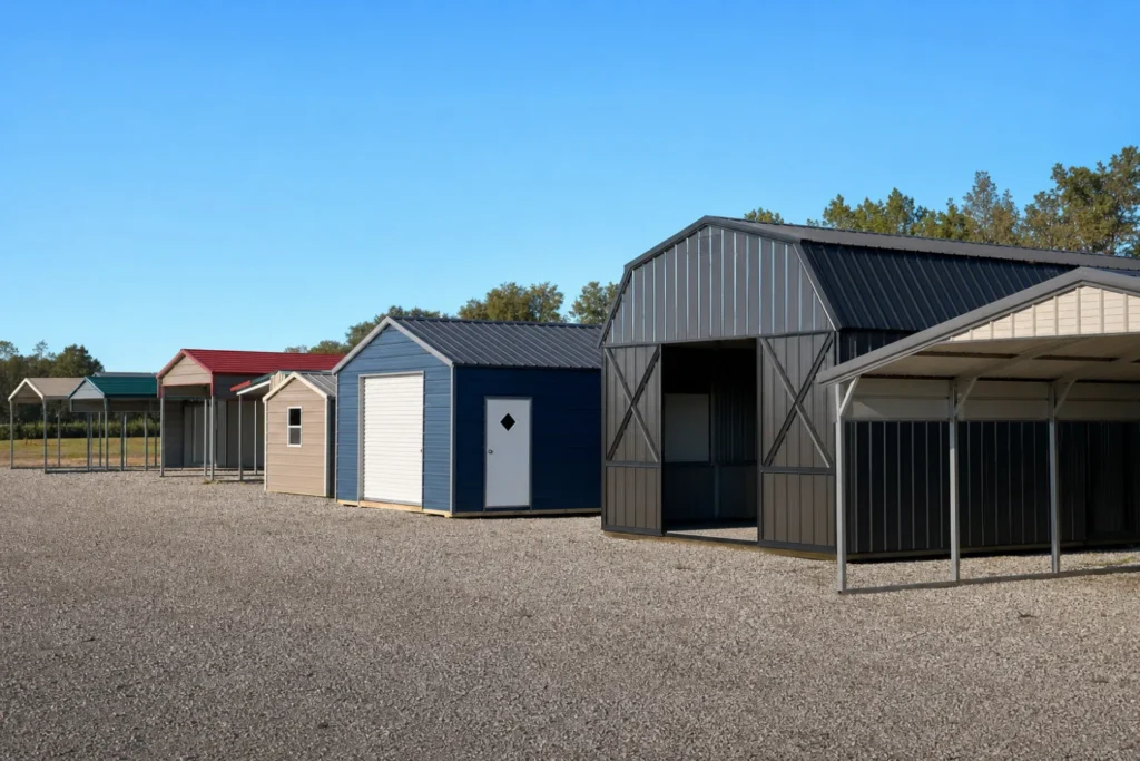 A dealer lot lined with several finished metal buildings of different sizes and colors