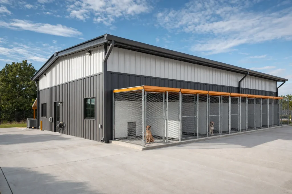 Metal building dog kennel with a row of chain-link runs