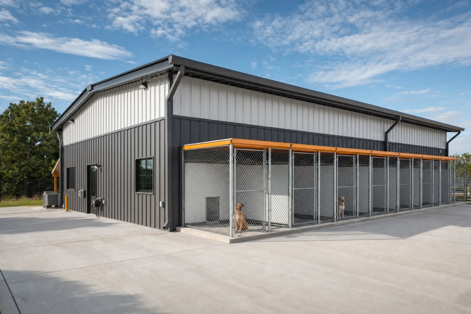 Metal building dog kennel with a row of chain-link runs