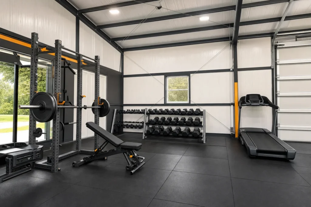 Finished metal building home gym with rubber flooring, a weight rack and a treadmill