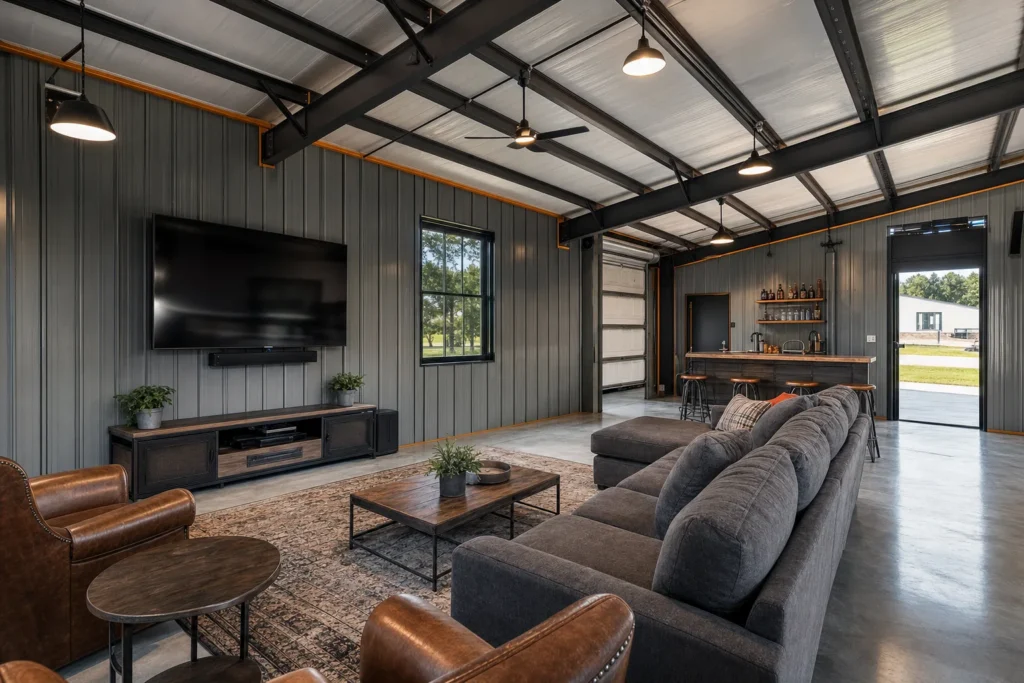 Finished metal building man cave with a sofa, TV and bar area