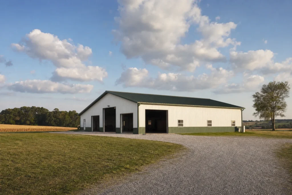 A metal building on an open rural property under a big sky with distant fields