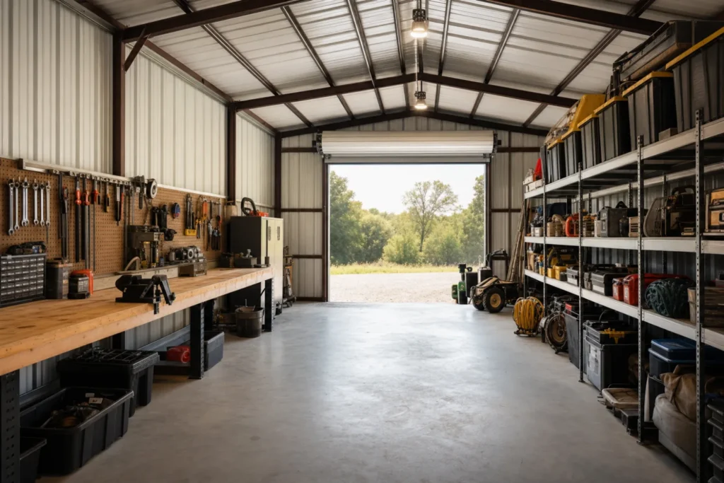 Interior of a metal building used as a combined workshop and storage space with a workbench and shelving
