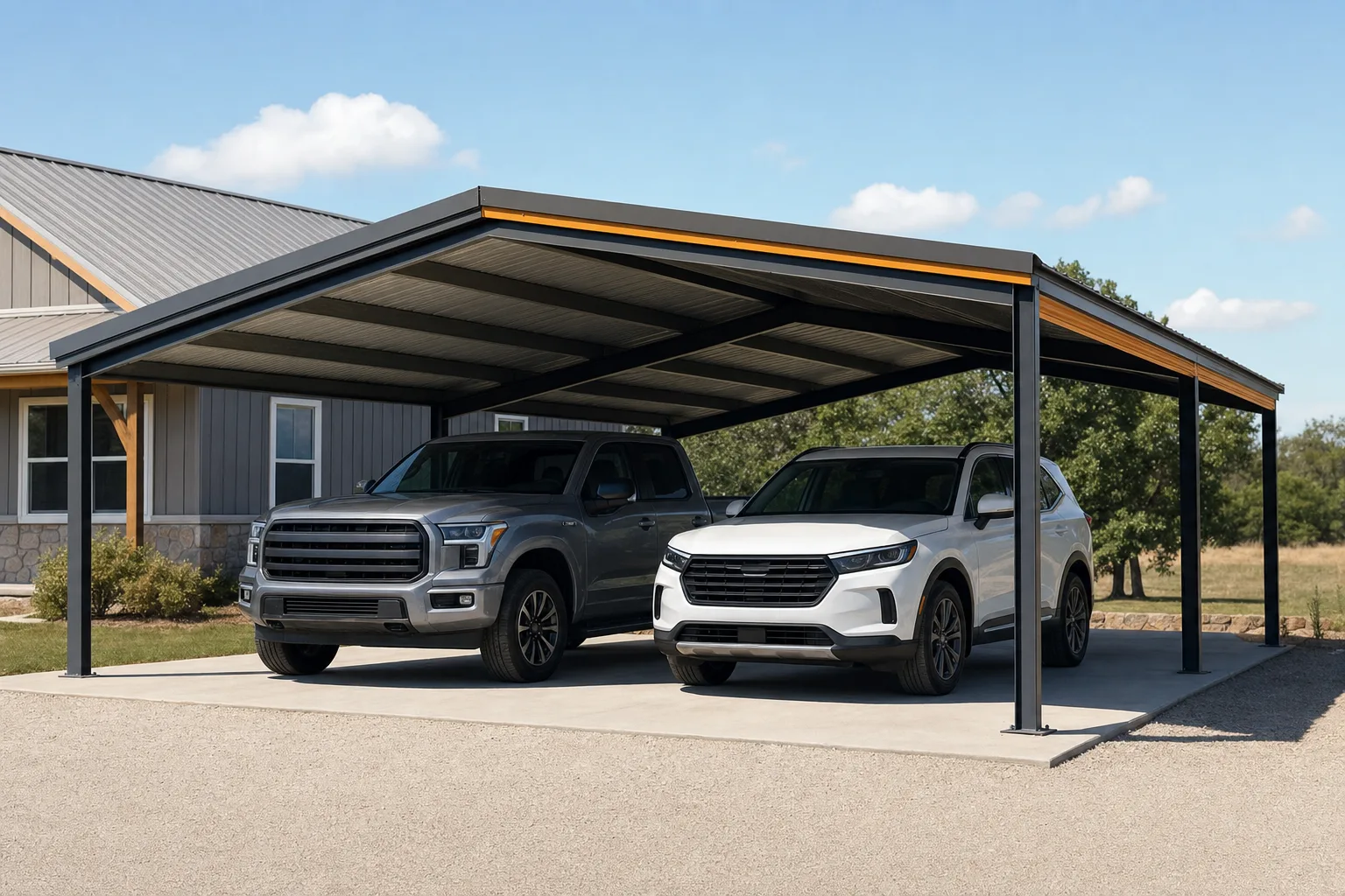 Open-sided metal carport on steel posts sheltering two vehicles