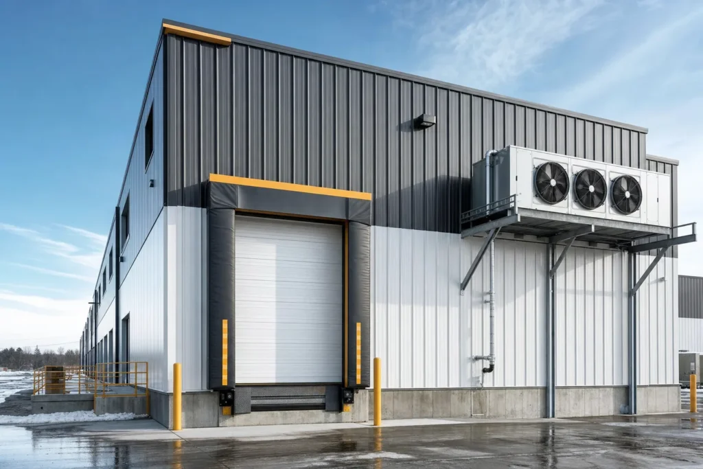 Insulated metal cold-storage building with a refrigeration unit and dock door