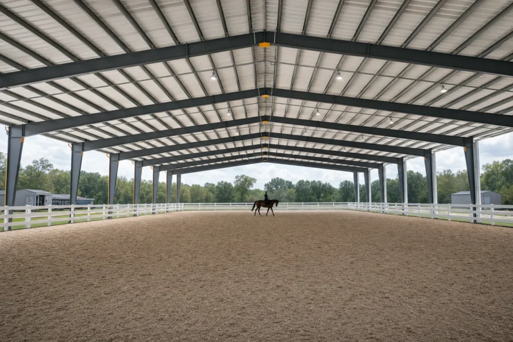 Steel clear-span covered riding arena with sand footing and white perimeter rails