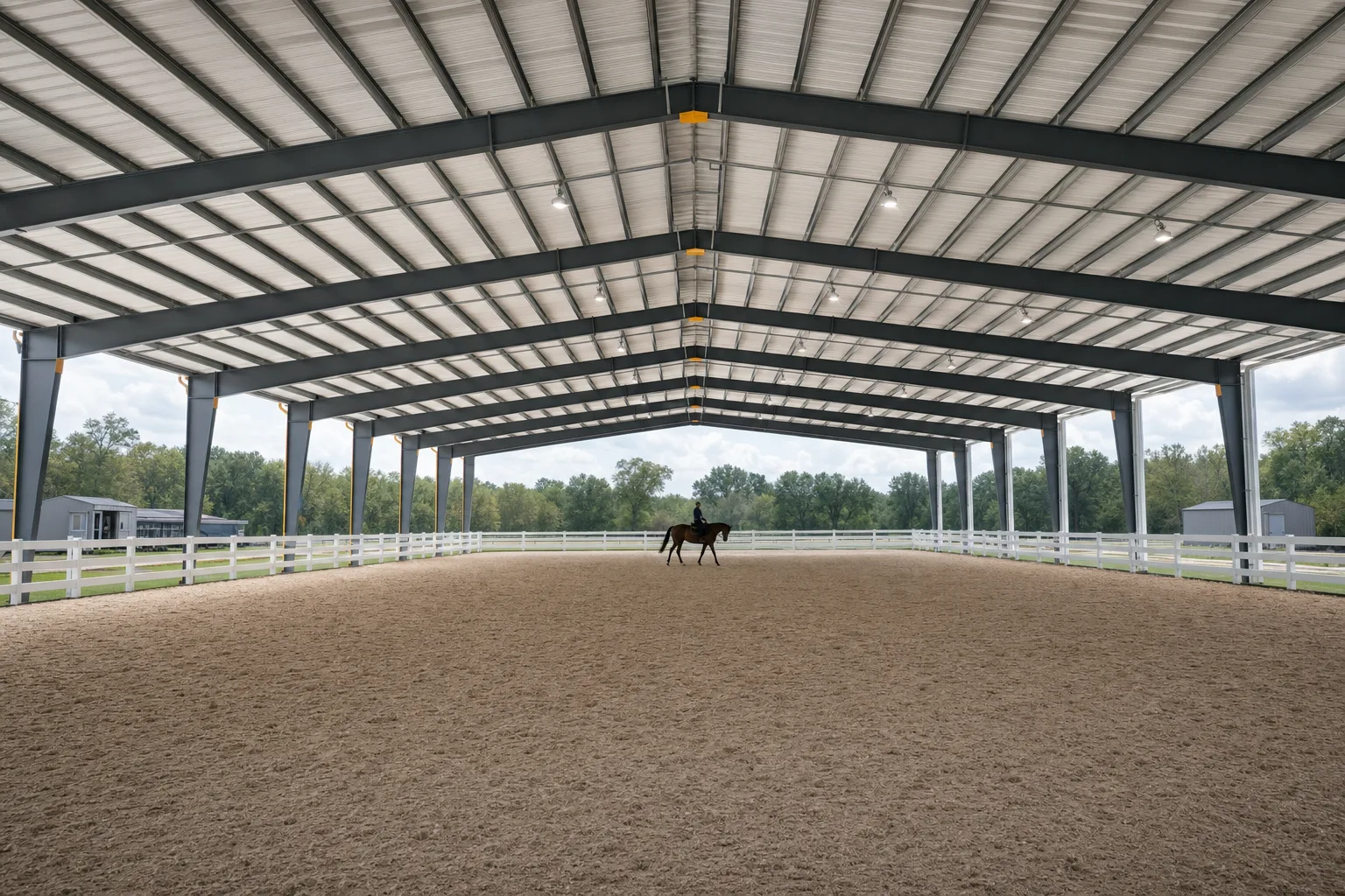 Steel clear-span covered riding arena with sand footing and white perimeter rails