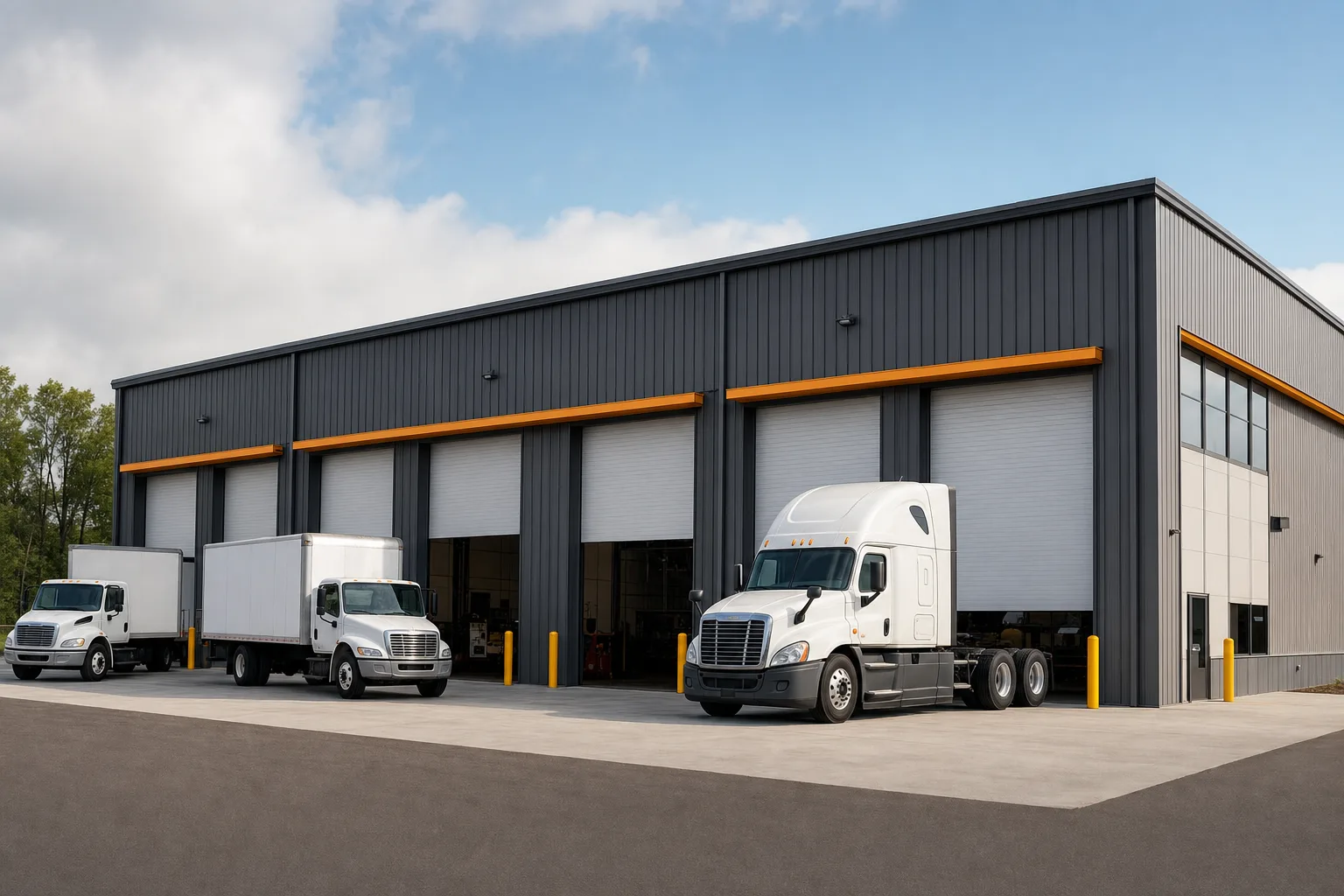 Metal fleet garage with tall roll-up bays for semi-trucks