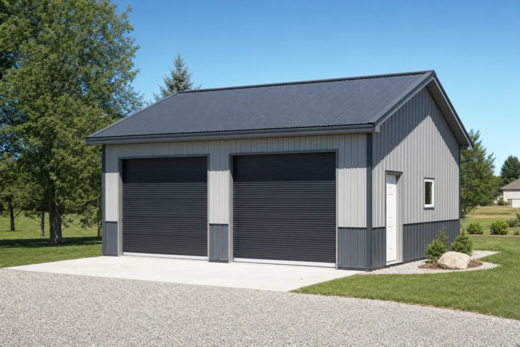 Residential metal garage building with two roll-up doors