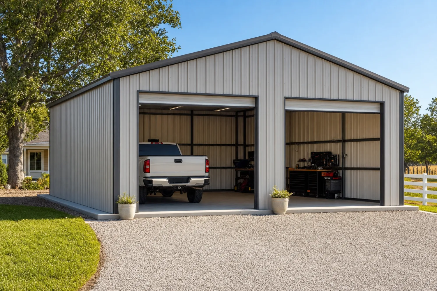 Enclosed two-bay metal garage with two roll-up doors and a walk door on a finished slab, showing a two-car layout with separate openings