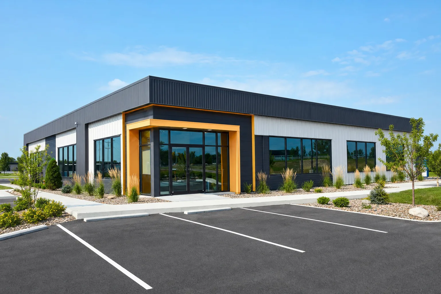 Modern metal office building with storefront glass windows and parking