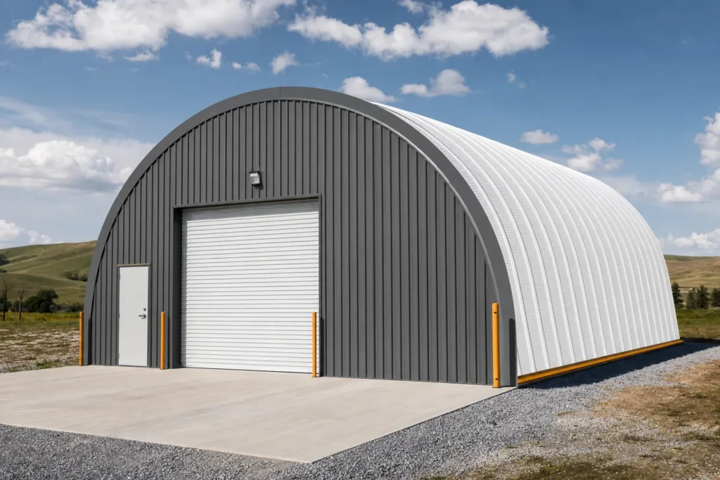 Arched Quonset hut metal building with a rounded half-cylinder roof and a roll-up door