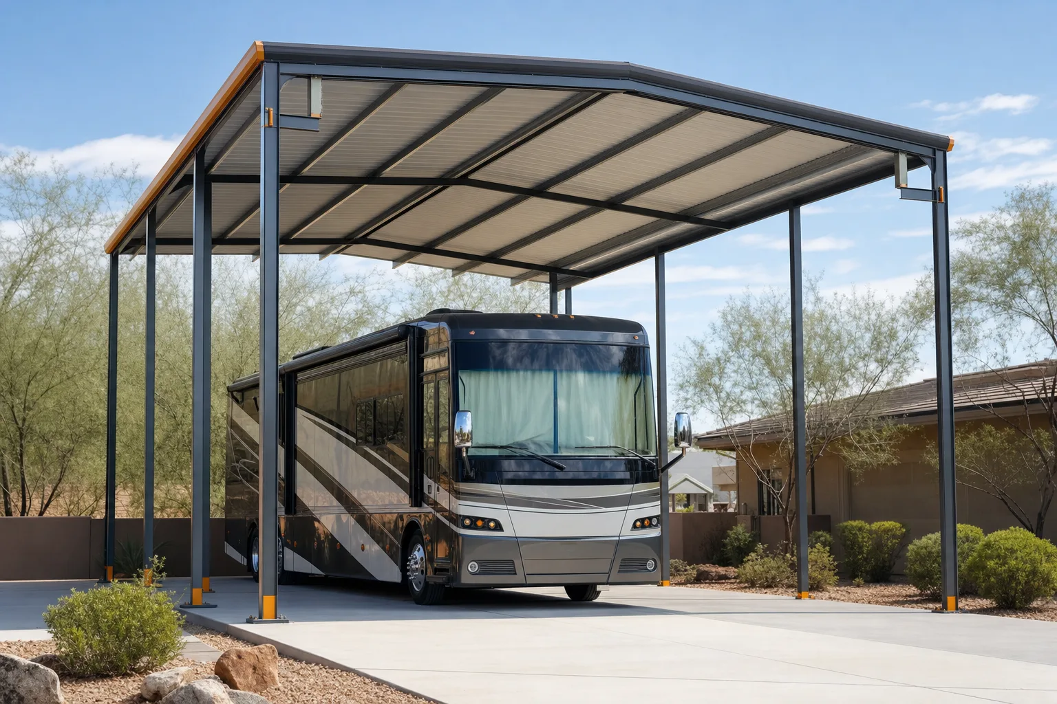 Tall metal RV carport cover sheltering a motorhome
