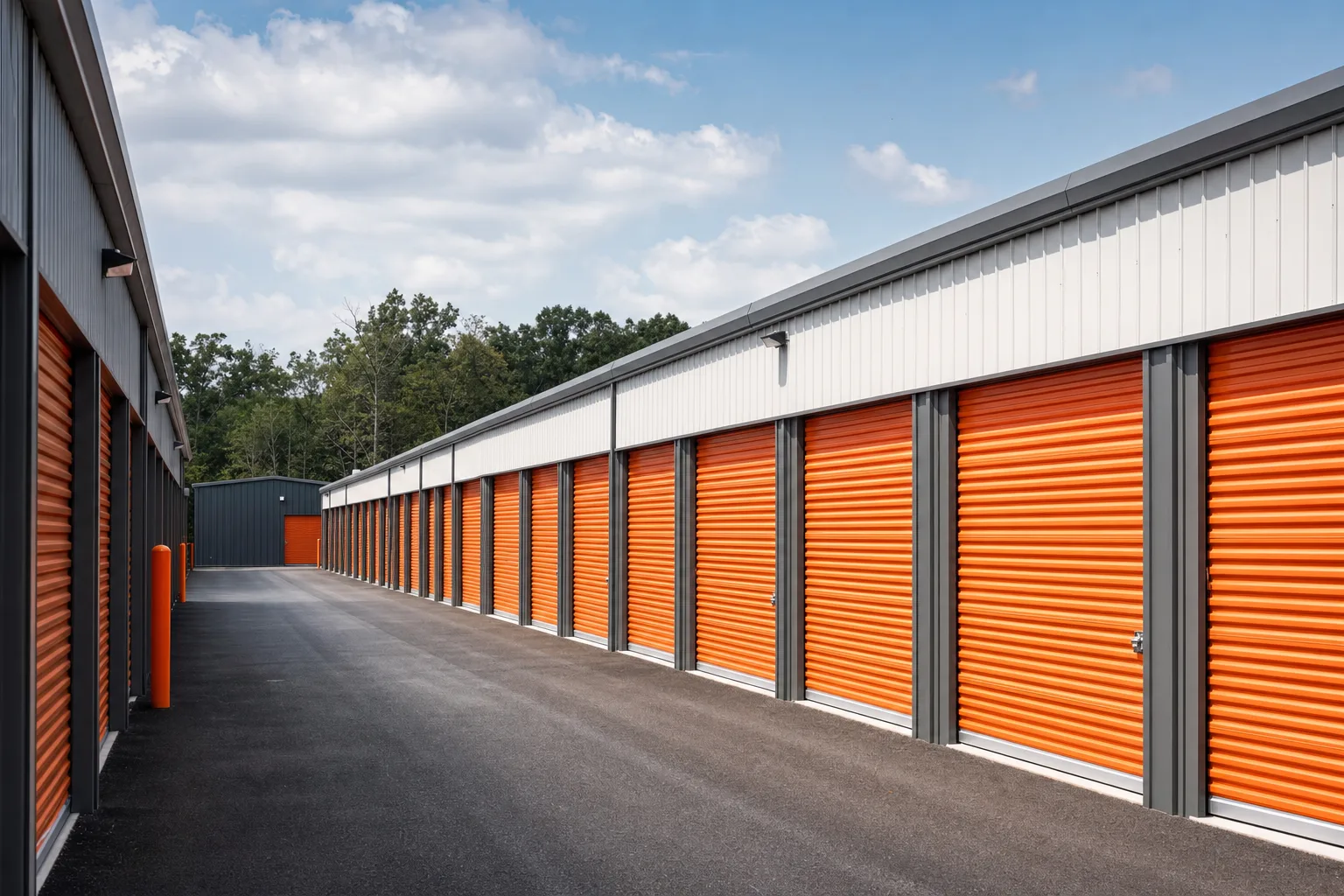 Self-storage facility of metal buildings with rows of roll-up doors