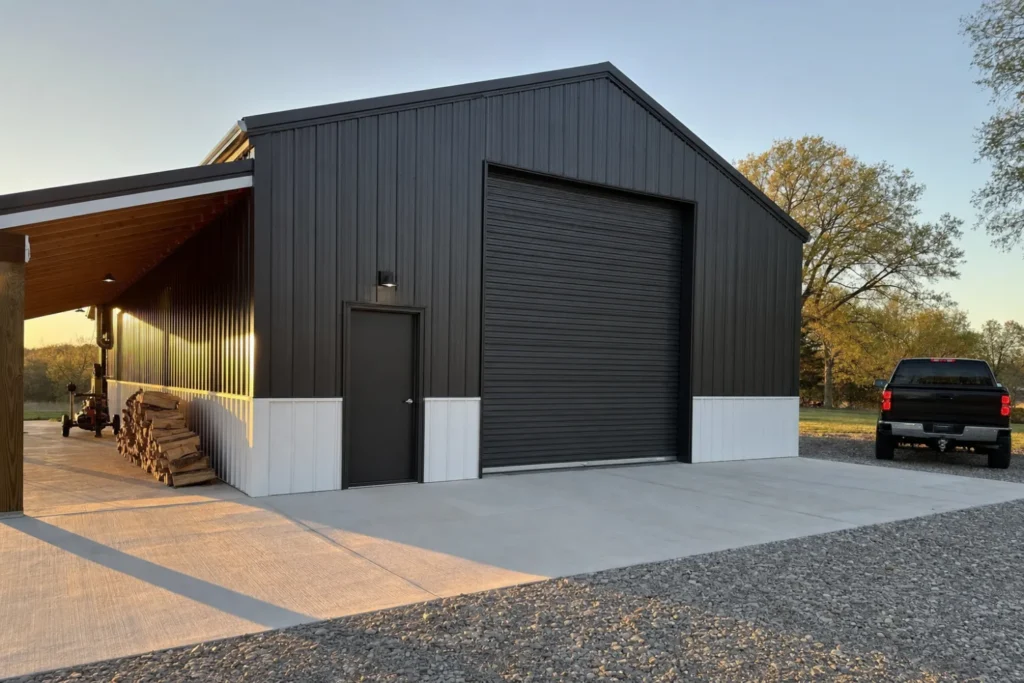 Charcoal and white metal workshop building with a roll-up door on a rural property at golden hour