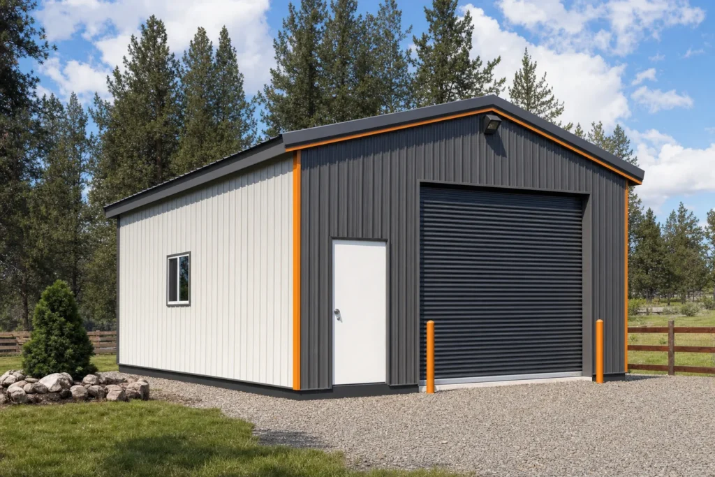 Compact metal storage shed with a roll-up door and walk-in door