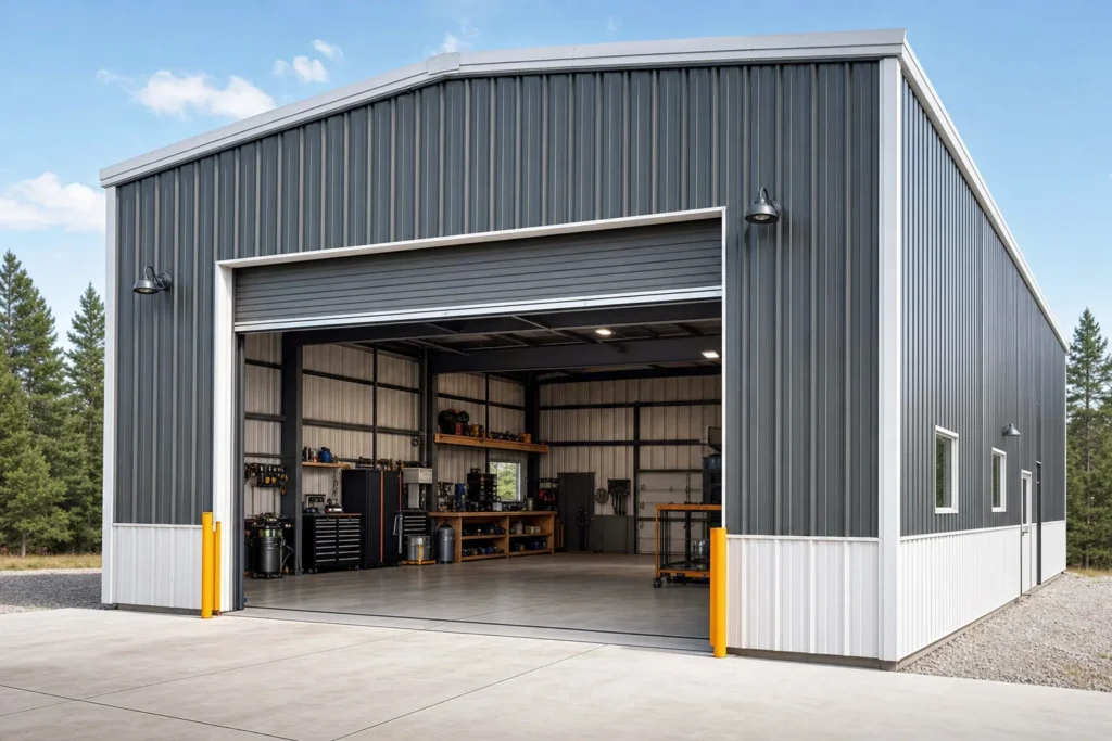Metal workshop building with an open roll-up door, workbench and tools