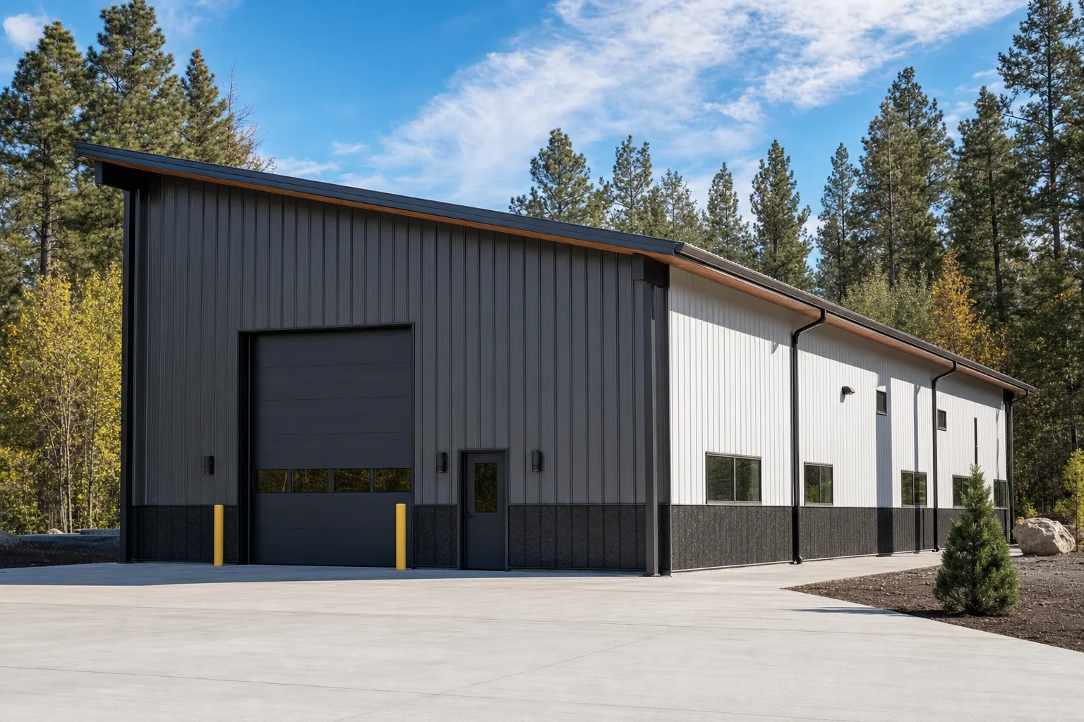 Metal building with a single-slope mono-pitch shed roof