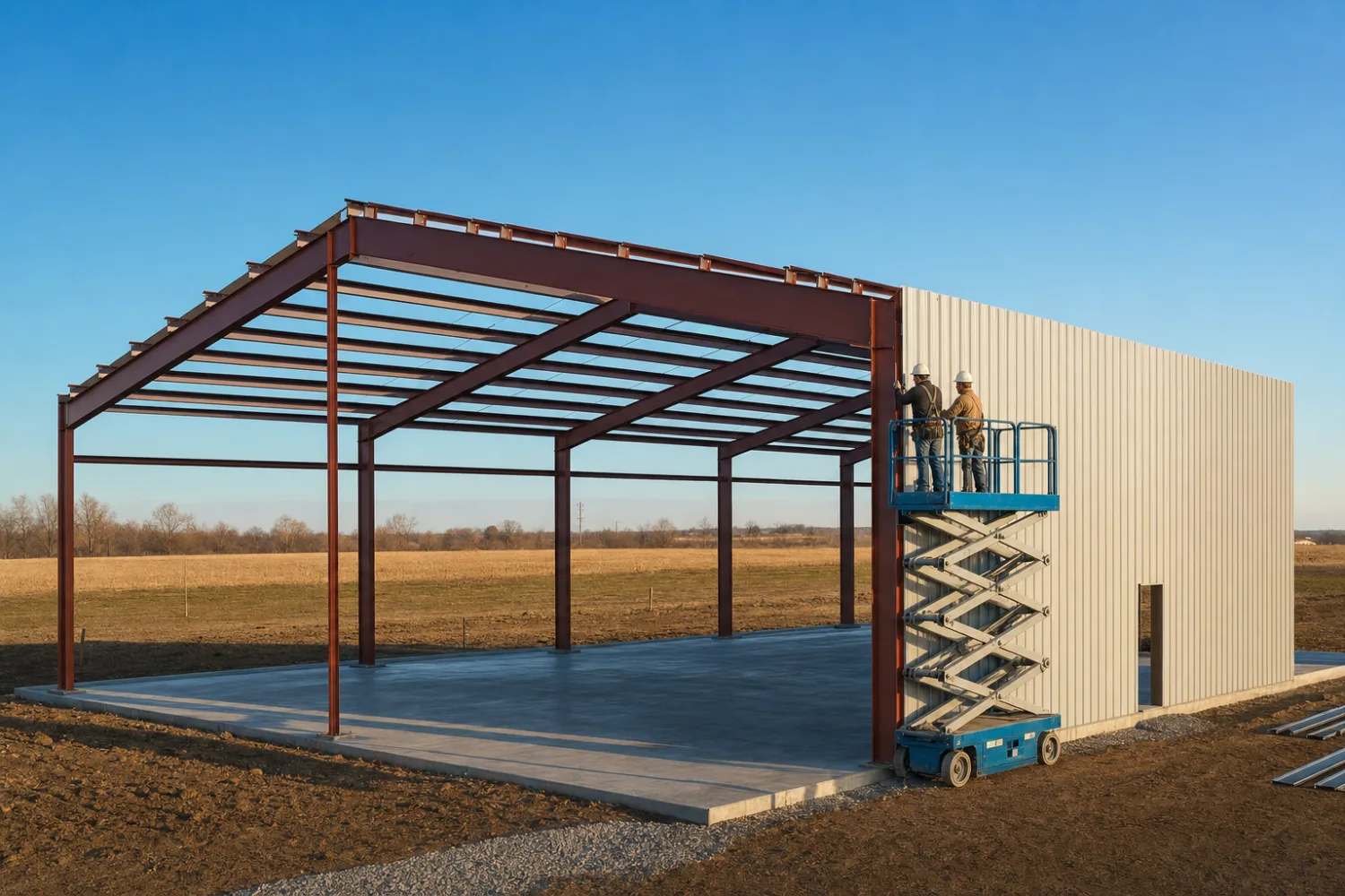 A crew bolting together a pre-drilled red-iron metal building frame on a concrete slab, torquing high-strength bolts at engineered connections with hand tools