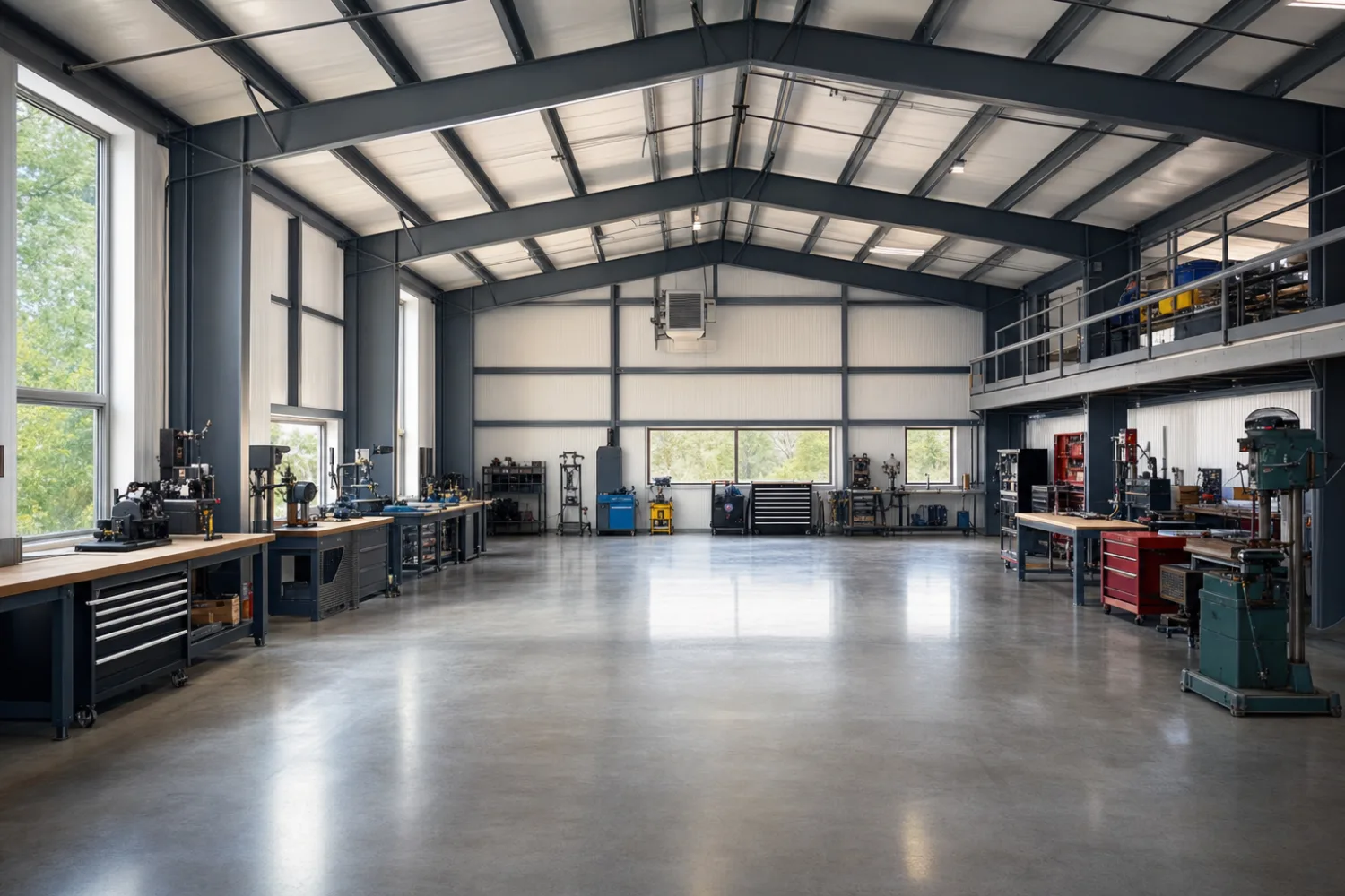 Interior of the shop zone in a multi-use metal building, with a clear-span floor, a workbench against an insulated wall, and overhead lighting